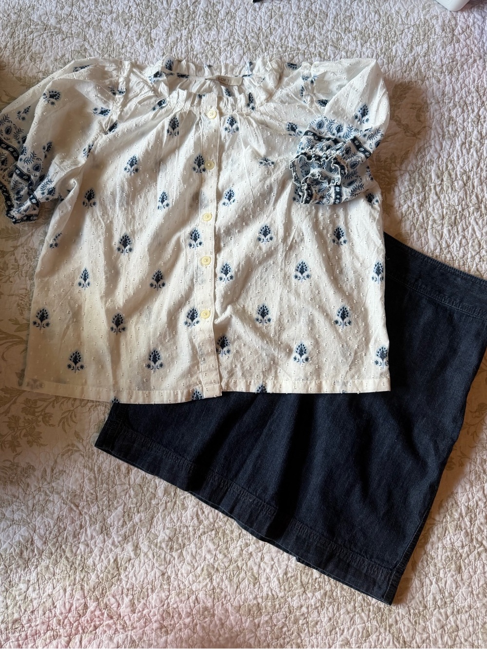 LOFT White Eyelet Blouse with Navy Pattern and Black Skirt Set